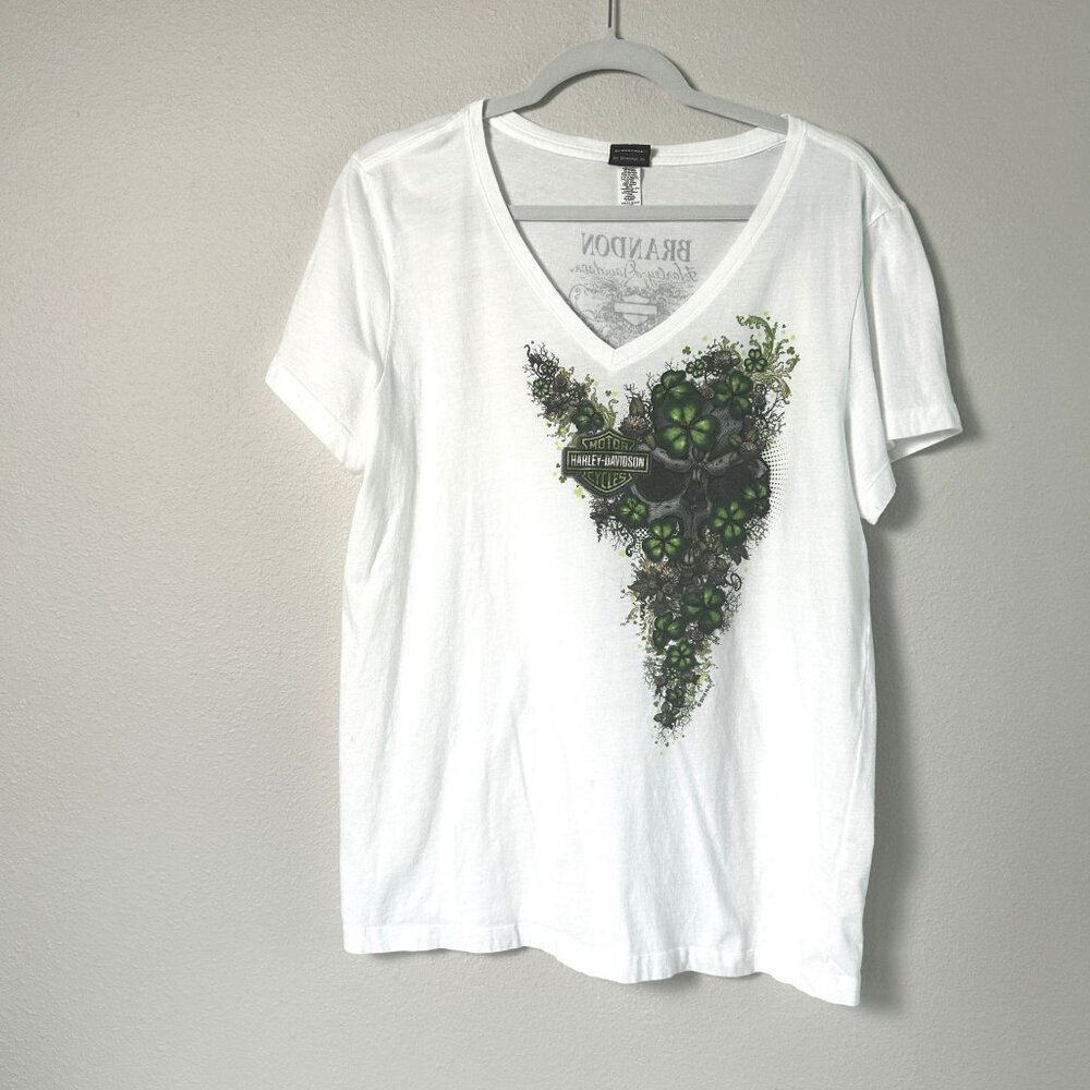 Harley Davidson T Shirt Womens Size XL White Green‎ Floral Skull Brandon Florida